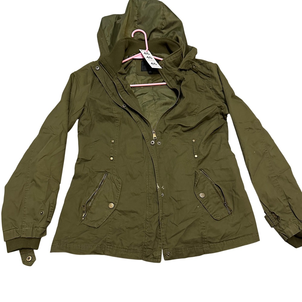 Miss London‎ Olive Green Hooded Utility Jacket Women's XL Zip Snap Pockets